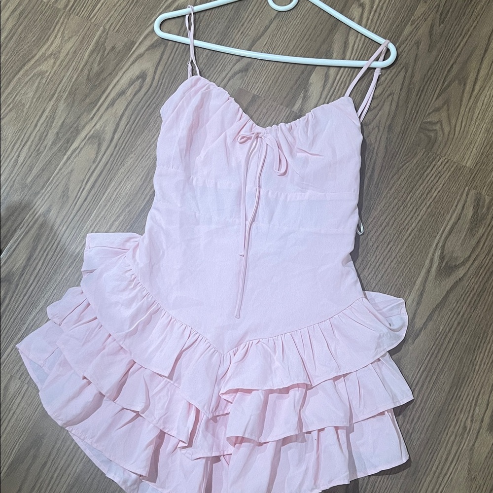 Light Pink Ruffle Tiered Mini Dress with Adjustable Spaghetti Straps